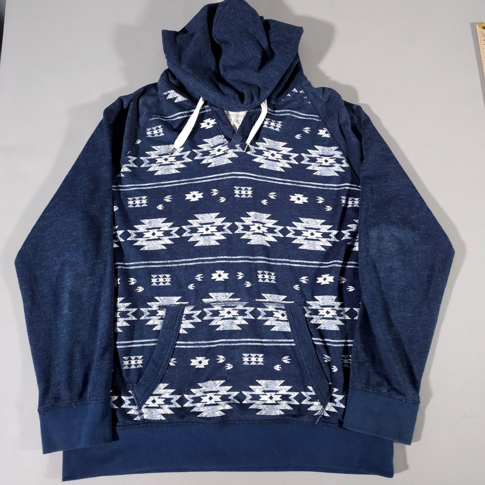 American Eagle Hoodie Mens Large Blue Southwestern Tribal Print Pullover Fleece - Picture 1 of 6